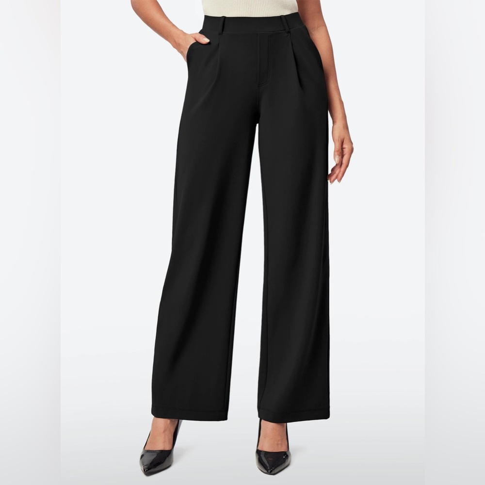 New! Black IUGA Wide Leg Pull On Stretchy Work Pants With Pockets Medium Petite!